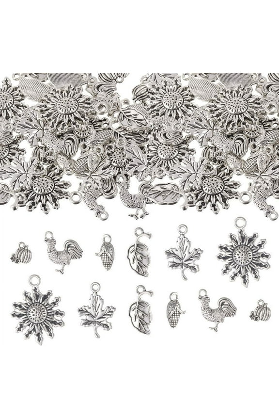 60Pcs 6 Style Tibetan Style Alloy Pendants Pumpkin & Corn & Rooster & Maple Leaf & Flower Antique Silver 10.5~29x8~22x2~5mm Hole: 1.4~2.5mm 10pcs/style