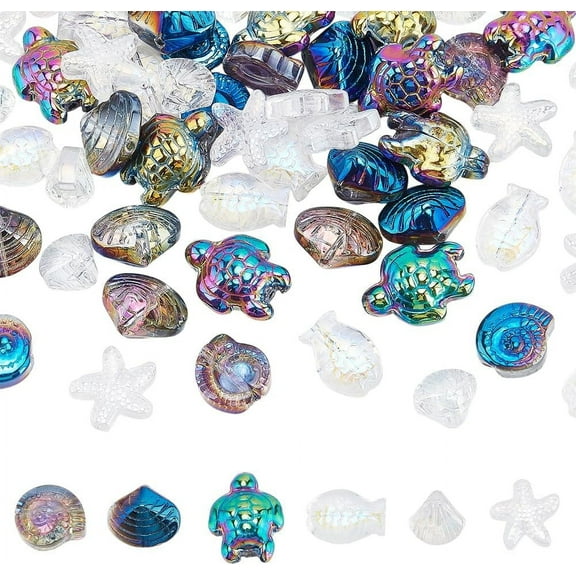60Pcs 6 Styles Fish Beads Glass Shell Beads Mixed Color Turtle Spacer Beads Sea Star Loose Beads for Bracelet Necklace Keychain Jewelry Making Hole: 1-1.2mm
