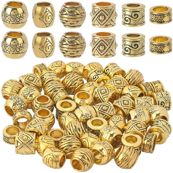 60Pcs 6 Styles Gold Column Spacer Beads Tibetan Alloy Beads Metal Large Hole Tube Alloy Vintage European Loose Spacers Findings