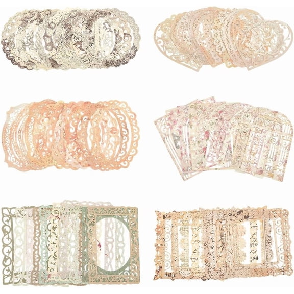 60Pcs 6 Styles Lace Border Paper Vintage Craft Paper Frames Hollow Vintage Retro Colorful Heart Round Square Scrapbook Decorative Cutouts Pads for Journal Scrapbooking Art DIY Crafts Colorful