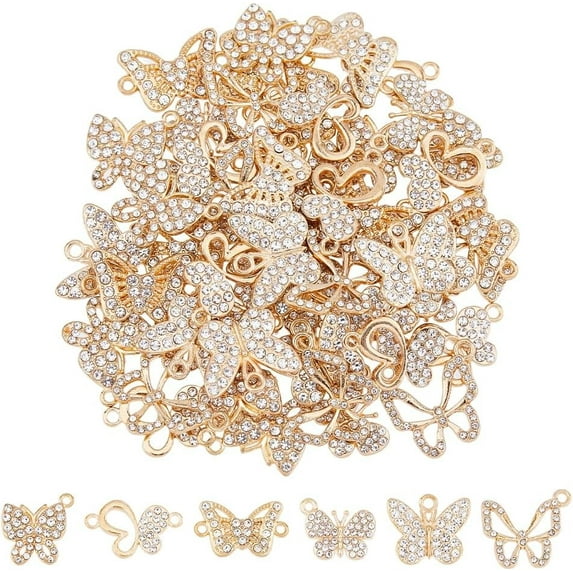 60Pcs 6 Styles Mixed Shapes Butterfly Charms Bulk Butterfly Gold Rhinestone Connectors Pendants Alloy Insect Charms for DIY Jewellery Making Crafting