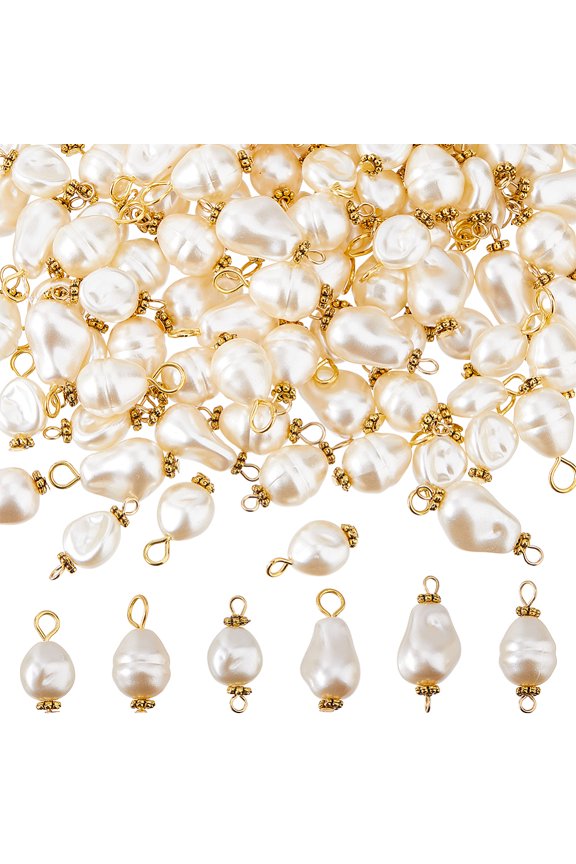 60Pcs 6 Styles Pearl Connector Charms Plastic Pearl Bead Pendants with 304 Stainless Steel Loops Irregular Links White Bead Dangle Charms