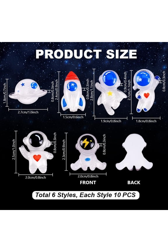 60Pcs 6 Styles Space Theme Flatback Charms 3D Resin Charms Astronaut Planet Resin Cabochons Ornaments Craft Making Supplies for Phone Case Hair Clip Scrapbooking Decor