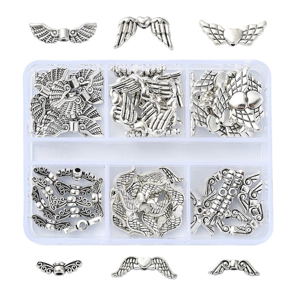 60Pcs 6 Styles Tibetan Style Alloy Wing Beads Cadmium Free Lead Free Silver 4~9x14~22x2~4mm Hole: 1~1.5mm 10pcs/style