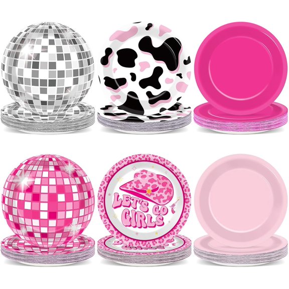 60Pcs 7Inch Cow Print Disposable Paper Plates Hot Pink Dessert Plates for Cowgirl Birthday Party Decor