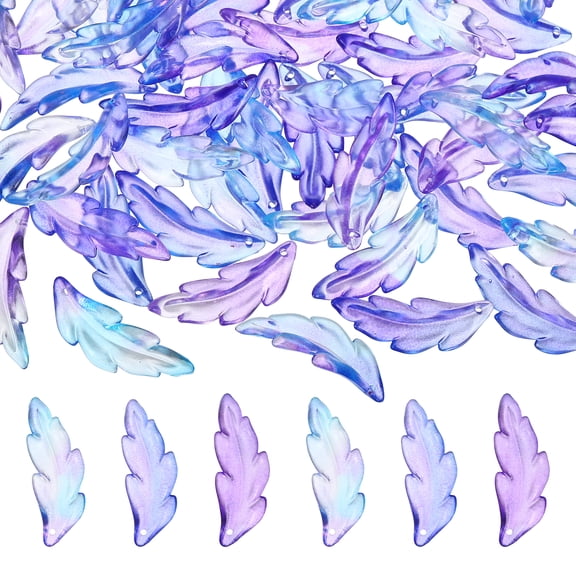 60Pcs Acrylic Leaf Beads, 40x14mm Translucent Frosted Feather Pendants for DIY Jewelry Making (Blue Purple)