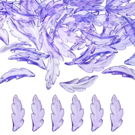 60Pcs Acrylic Leaf Beads, 40x14mm Translucent Frosted Feather Pendants for DIY Jewelry Making (Purple)