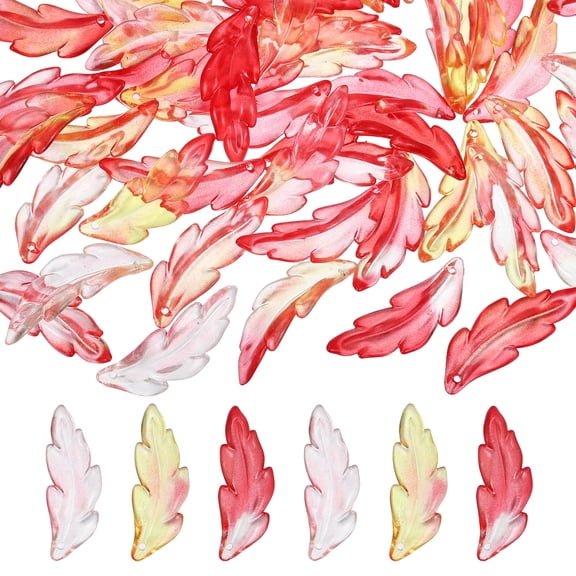 60Pcs Acrylic Leaf Beads, 40x14mm Translucent Frosted Feather Pendants for DIY Jewelry Making (Red)