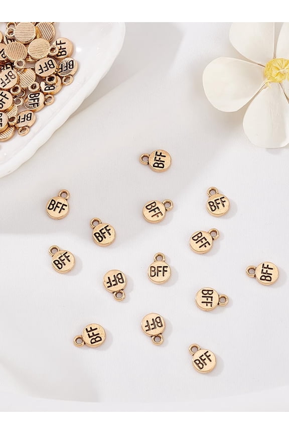 60Pcs Alloy Pendants Flat Round with Word BFF Charms Golden 10.5x7.5x1.5mm Hole: 1.6mm handmade