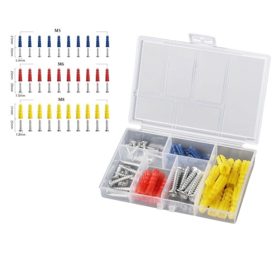 60Pcs Anchors Screw M5/M6/M8 Self-Tapping Screws Kit Plastic Self Drilling Ribbed Drywall Wall Anchors W/Storage Box Hardware