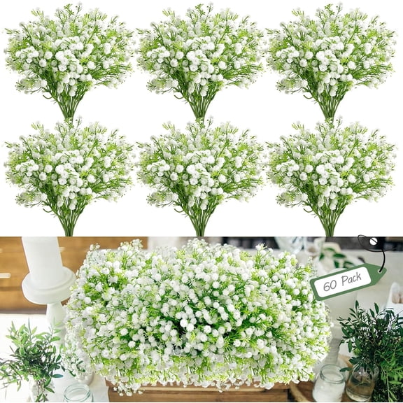 60Pcs Artificial Flowers Bulk, White Real Touch Faux Flowers Artificial, Fake Gypsophila for Vase Wedding Bouquet Arrangements Party Garden Home Decor