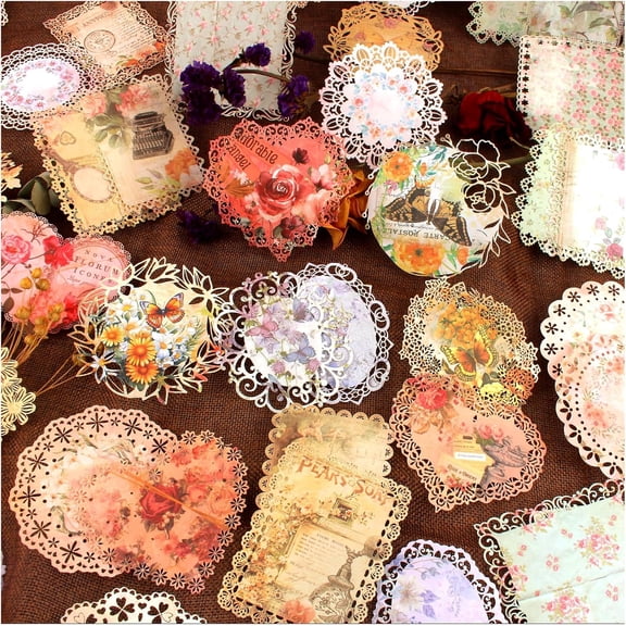 60Pcs Artistic Hollow-Cut Scrapbook Papers, Vintage-Style Decorate Cardstock, DIY Colored Paper Kits, Junk Scrapbook Journaling Craft Supplies for Adults