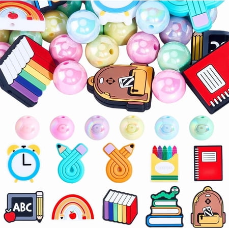 60Pcs Back to School Silicone Focal Beads Bulk Colorful Round Acrylic Ball Pen Beads