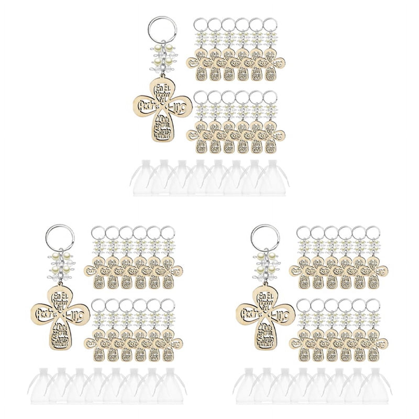 60Pcs Baptism Favor Keychain  Wooden Key Ring  Wood Design Key Ring with Bag for First Communion