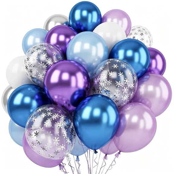 60Pcs Blue Purple Silver Snowflake Balloon Garland Kit, 12 Inch Metallic Pearl Snowflake Printed Balloons for Winter Wedding Party Dcor