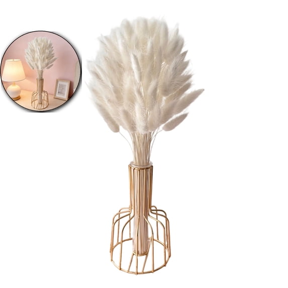60Pcs Bunny Tail Faux Pampas Grass – Boho Dried Flower Stems for Wedding, Home & Table Decor, No-Mess Artificial Floral Arrangements with Vase (12.6 in)