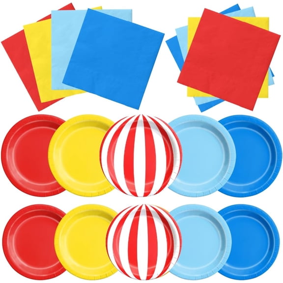 60Pcs Carnival Plates and Napkins-Circus Theme Party Decorations Red Blue Yellow Tableware for Birthday, Baby Shower