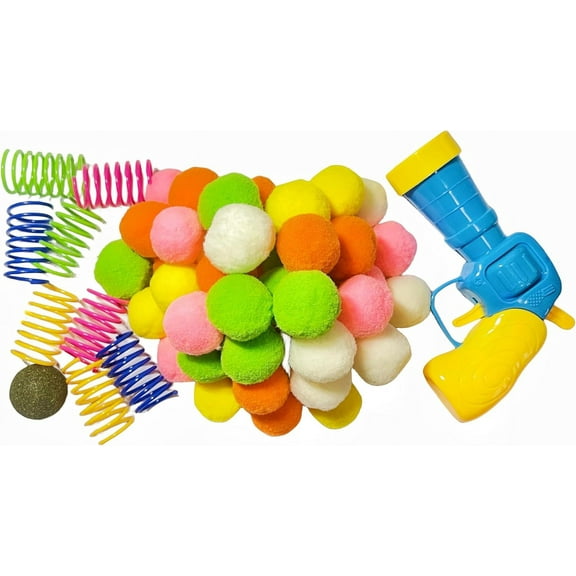 60Pcs Cat Ball Toy Launcher Gun, Cat Balls Fetch Toy, 60Pcs Plush Fuzzy Balls Launcher Cat Toy for Cats with 1 Gun, Funny Interactive Cat Toys for Bored Indoor Adult Cats, Cute Kitten Kitty Toys