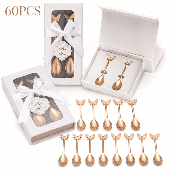 30set Chic Metal Party Favor Kit-60 Butterfly Tea Spoons and 30 Ribbon-Adorned Gift Boxes-Bridal Shower Gifts for Wedding, Birthday, Valentine's Day, Keepsakes for Guests, Kitchen Bar Supplies
