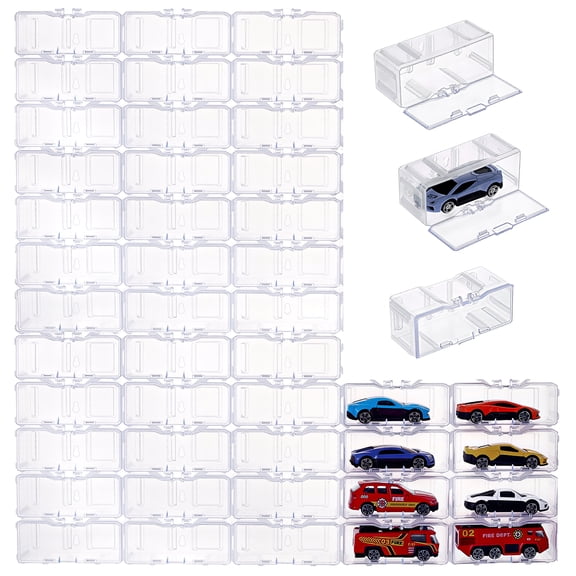 60Pcs Clear Car Model Display Case, Rectangle Mini Car Stackable Toy Car Storage, Transparent Acrylic Model Toy Cabinet with Hinged Lid for Miniature Collectors, 3.56x1.55x1.57inch