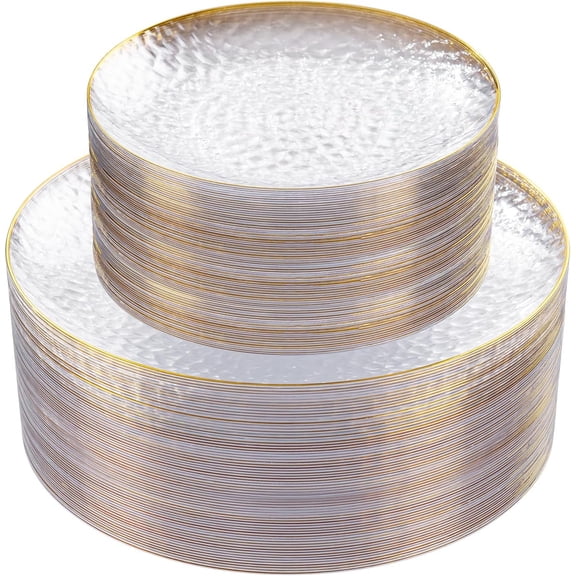 60Pcs Clear Disposable Plates With Gold Rim And Hammered Design For Parties
