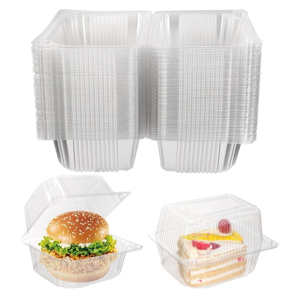 60Pcs Clear Plastic Food Square Boxes, Transparent Clamshell Dessert Boxes with Lid, Reusable Single Hinged Cake Slice Container for Cake, Sandwiches, Portions Salads, Hamburger (14x10.5cm)