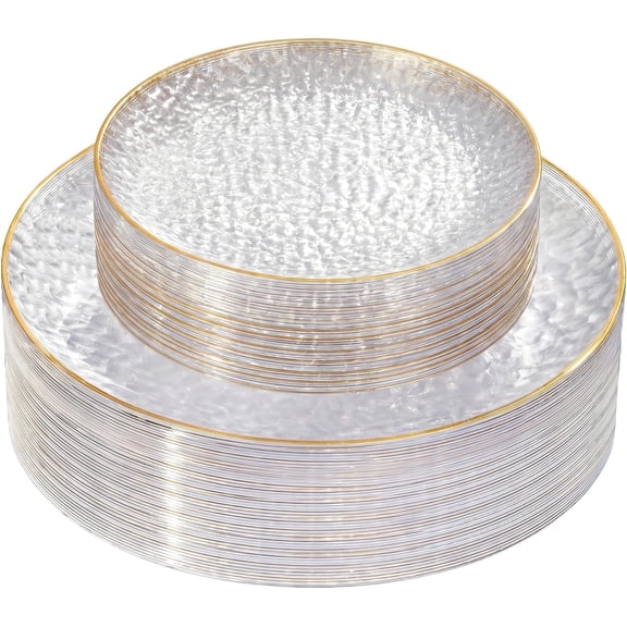 60Pcs Clear Plastic Plates,Clear Disposable Plates With Gold Rim,Heavy-duty Gold Plates,Hammered Party Plates Include 30Clear Dessert-Platos,30Dinner-Platos for Wedding, Party