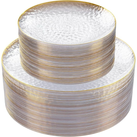 60Pcs Clear Plastic Plates,Clear Disposable Plates With Gold Rim,Heavy-duty Gold Plates,Hammered Party Plates Include 30Clear Dessert-Platos,30Dinner-Platos for Wedding, Party