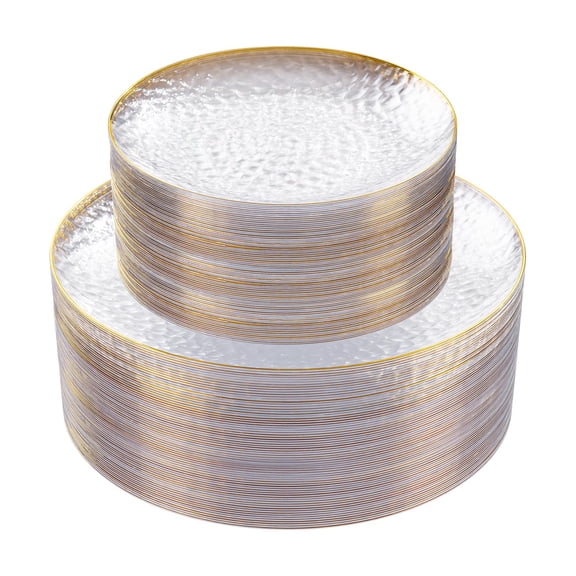60Pcs Clear Plastic Plates,Clear Disposable Plates With Gold Rim,Heavy-duty Gold Plates,Hammered Party Plates Include 30Clear Dessert-Platos,30Dinner-Platos for Wedding, Party