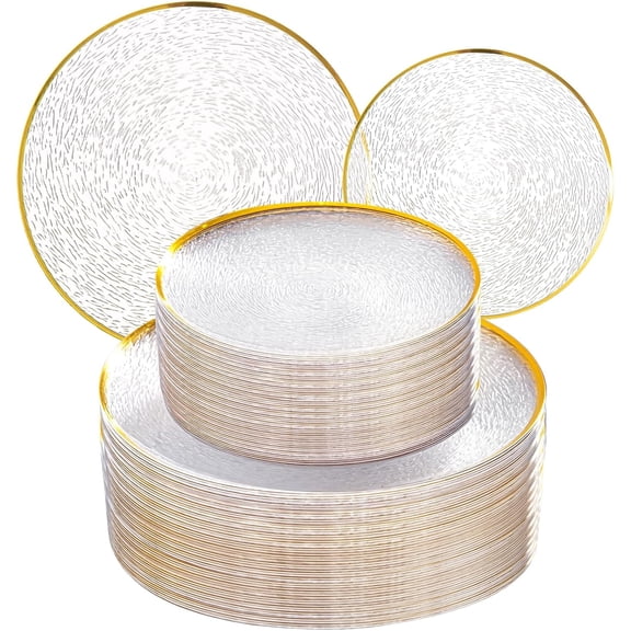 60 Pcs Clear Disposable Plastic Plates with Gold Rim - Heavy-Duty Party Plates, 30 Clear Dessert Plates & 30 Dinner Plates for Weddings, Celebrations & Spring Events