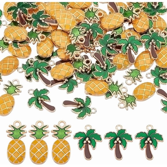 60Pcs Coconut Tree & Pineapple Enamel Pendants Charms Hawaii Style Accessories Connector Charms for DIY Making