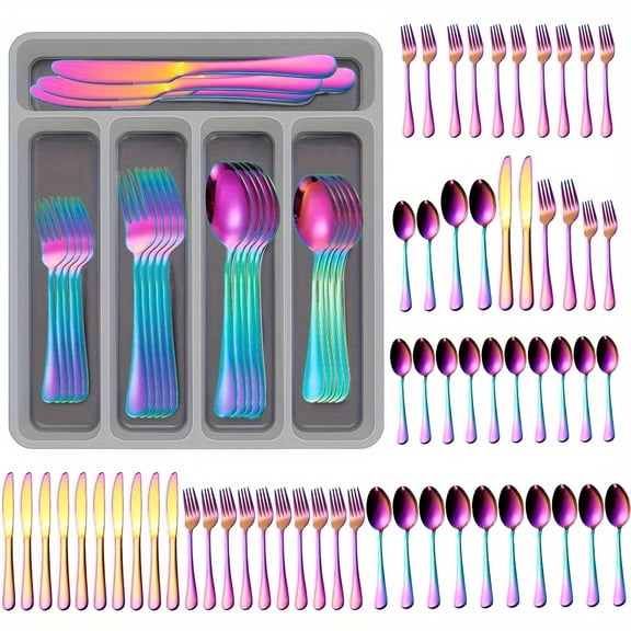 60Pcs Colorful Stainless Steel Silverware Set with Drawer Organizer,12-Person Cutlery Kit (Knives/Forks/Spoons),Durable Tableware for Home/Kitchen/Restaurants/Hotels, Ideal for Gifts/Weddings/Parties
