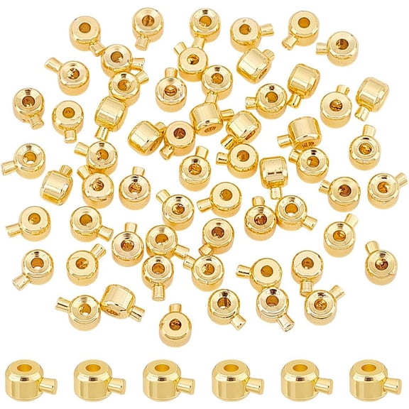 60Pcs Crimp Beads 18K Gold Plated Stopper Beads with Pin Metal Loose Spacer Beads Bulk Metal Round Stopper Crimp End Beads for Jewelry Making Accessories Hole 0.9mm