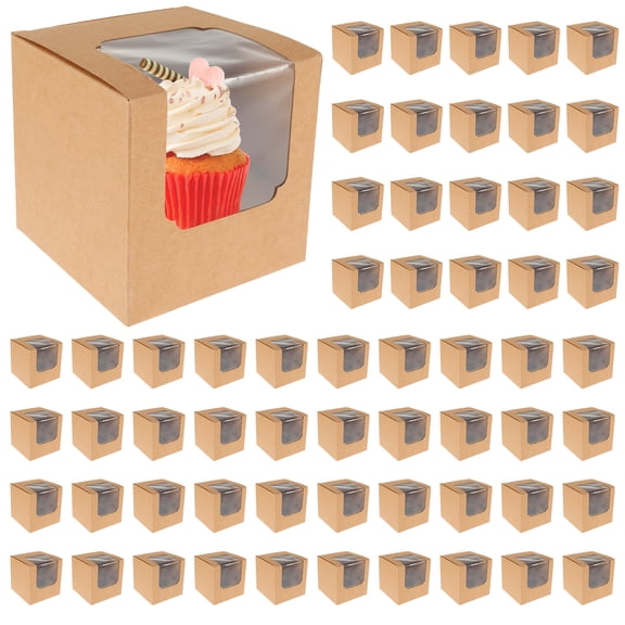 60Pcs Cupcake Boxes Individual Cupcake Containers 9x9x9cm White/Brown Pastry Treat Boxes with Inserts and Clear Window Individual Cupcake Holders for Wedding Baby Shower Birthday Gifting