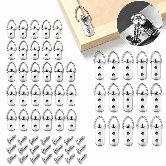 60Pcs D Ring Picture Hanging Hooks Kit, 2 Sizes 40 Single Hole & 20 Double Hole Picture Hangers with Mounting Screws for Frames Canvas Artwork Paintings. Silver