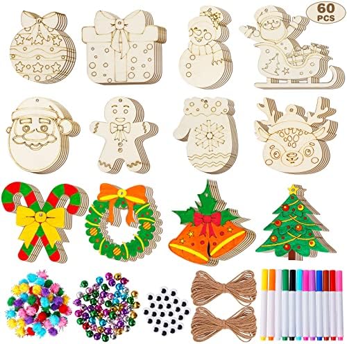 Artmag 50-Piece Unfinished Wooden Christmas Ornaments – 5 Styles, DIY Wood Slices With Ropes & Bells