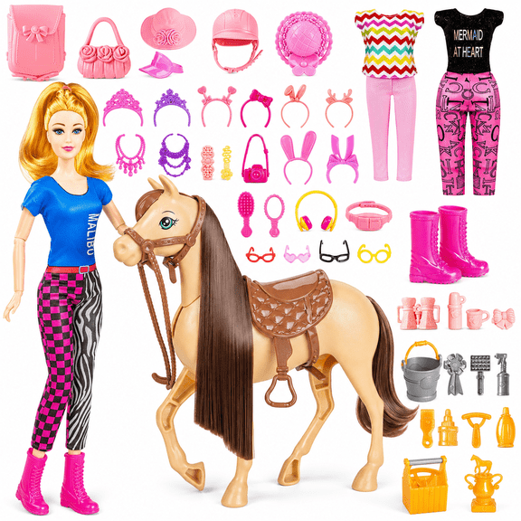 LXUNLN 60PCS Doll & Horse Playset, 11.5 Inch Blonde Fashion Doll with Riding Horse, Horse Grooming Accessories, Dress-Up Doll Accessories Set, Pretend Play Toy for Girls Ages 3+