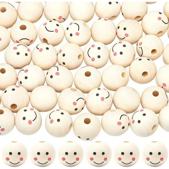 60Pcs Face Wooden Beads 1"/25mm Large Natural Wood Round Ball Spacer Bead Face Printed Head Loose Beads with Hole for Christmas Tree Garland Farmhouse DIY Craft Jewelry for DIY