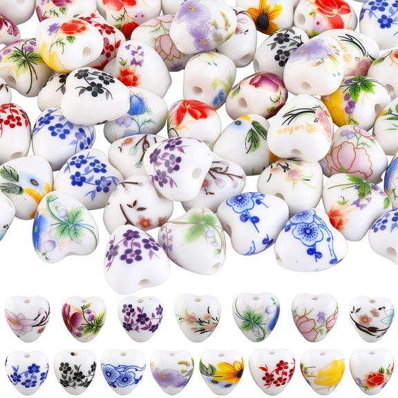 60Pcs Floral Printed Porcelain Beads Flower Patterned Ceramic Beads Heart with Flower Pattern Mixed Color 12~12.5x12x9mm Hole: 2mm
