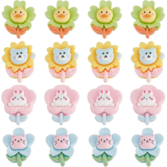 60Pcs Flower Flatbacks Resin Flower Cabochons Flatback Sun Flat Back Kawaii Rabbit Bear Duck Cat Animal Charms for Jewelry Making Safety Brooch Hair Clip Stud Earrings DIY Craft Adult diy Mixed Color