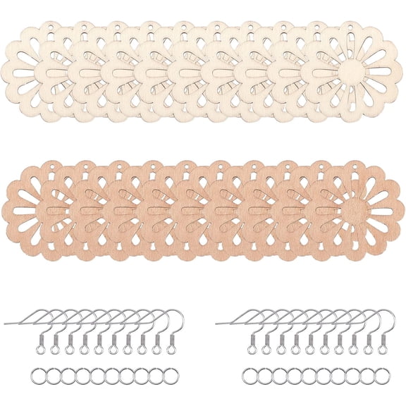 60Pcs Flower Wooden Earrings Pendants 2Color Natural Filigree Flower Wood Charms with 60Pcs Steel Jump Rings 60Pcs Earring Hooks Wooden Dangle Earring Making Kits for DIY Craft Mixed Color