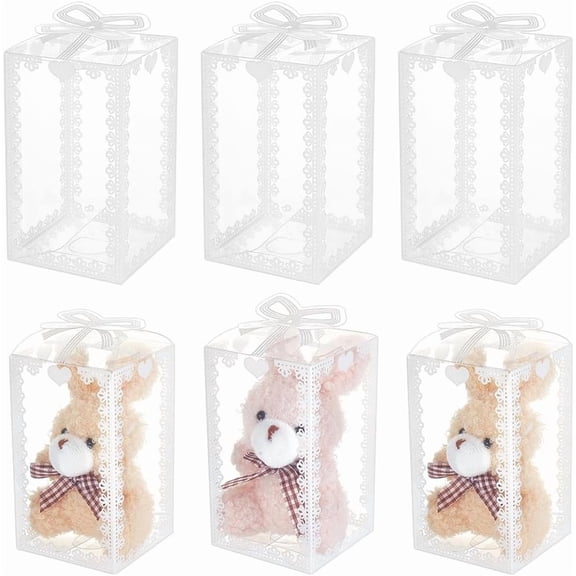 60Pcs Foldable Transparent PVC Boxes for Craft Candy Packaging Wedding Party Favor Gift Boxes Rectangle with Bowknot Pattern Clear 20.6x12x0.04cm