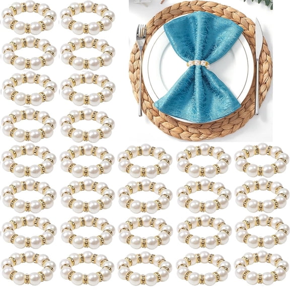 60Pcs Gold Disposable Pearl Napkin Rings, Imitation White Beaded Napkin Rings Holder, White&Gold Beaded Serviette Buckles for Wedding Home Decor Daily Use and Party Supplies