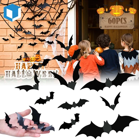 60Pcs Halloween 3D Bat Pvc Wall Sticker Realistic Scary Party Home Window Decor