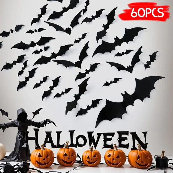 60Pcs Halloween Bats Decoration Realistic Pvc 3D Scary Stickers Home Party Decor