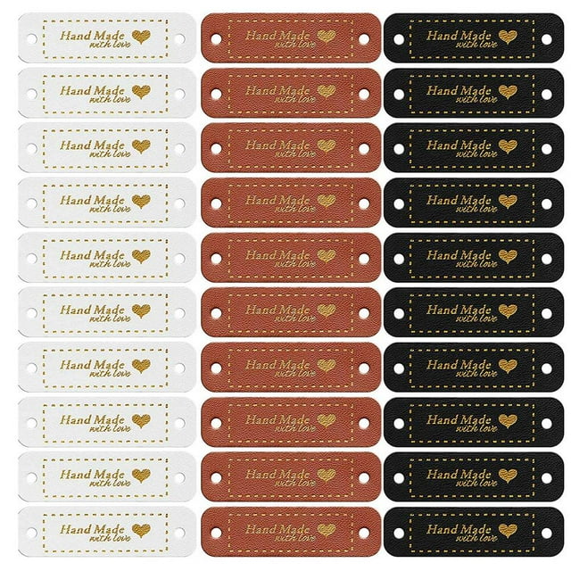 60Pcs Handmade PU Leather Tags Faux Sew on Labels Embellishment Knit