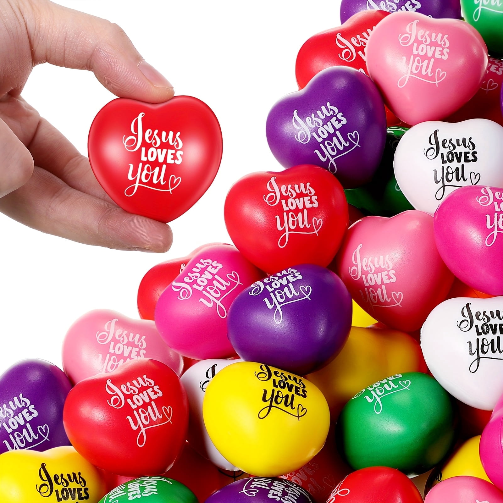 60Pcs Heart Stress Balls Bulk, Colorful Jesus Loves You Motivational Stress Balls for Adults, Portable Mini Anxiety Gifts for Religious Events, Office Parties and Communion Baptism