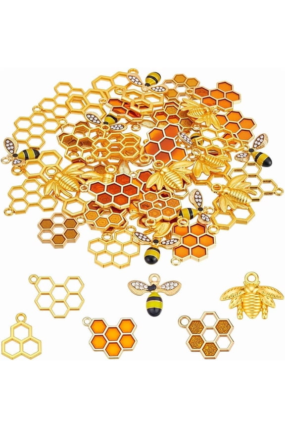60Pcs Honeycomb Bee Charms 6 Style Enamel Alloy Cute Beehive Pendants Metal Mini Honey Comb Dangle Charms for Bracelets Keychain Necklace Dangle Earring DIY Craft Jewelry Making Supplies Gold DIY