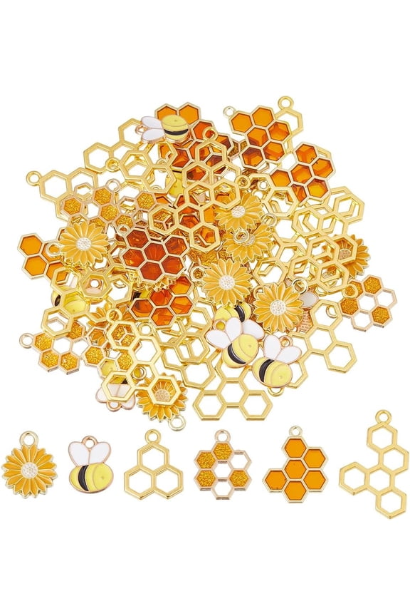 60Pcs Honeycomb Bee Charms 6 Styles Enamel Honeybee Daisy Flower Charms Alloy Cute Bee Honeycomb Hollow Pendant for Jewelry Necklace Bracelets Earrings Making DIY Crafts