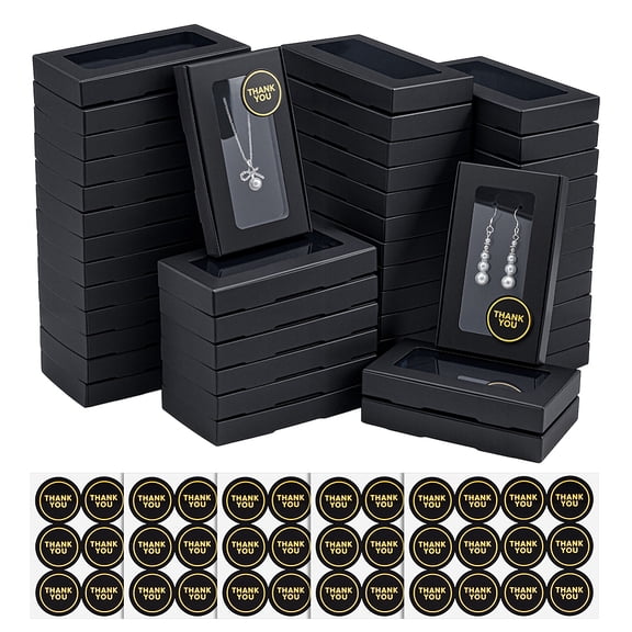 60Pcs Kraft Paper Storage Mailer Boxes with Visible Window Paper Packaging Shipping Cases Rectangle with 5 Sheets Adhesive Label Stickers Black DIY